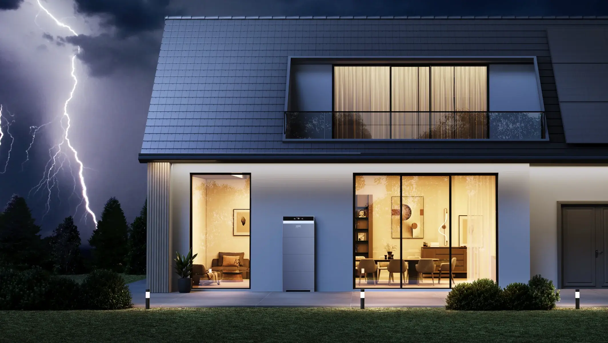 solceller och batterilagring. solpaneler på villa. Anker X1 batteri