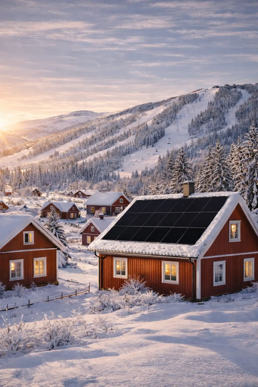 solceller på villatak. solpaneler på vintern.